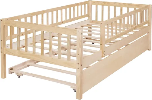 Vista 9 de Sofá cama individual con nido, marco de cama infantil de madera tamaño individual con valla, cama nido individual para niñas, niños, cama de Natural