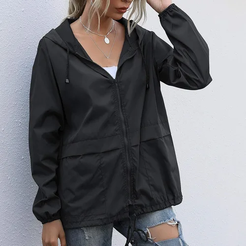 Vista 3 de Chubasqueros para mujer, chaqueta ligera impermeable resistente al viento, chaqueta de lluvia ajustable con capucha y bolsillos