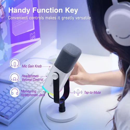Vista 5 de FIFINE XLR/USB Micrófono para juegos de Gaming para transmisiones y podcasting, micrófono RGB para PC, con perilla de ganancia, botón de silencio