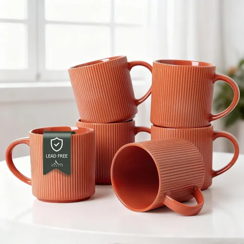 Vista 18 de MONITO - Juego de 4 tazas de café de 16 onzas, juego de tazas de café rústicas de cerámica con asa Vintage Striped Stoneware Large Coffee Mugs for