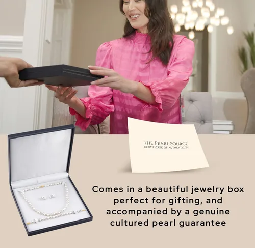Vista 3 de The Pearl Source Juego de joyas de perlas de oro de 14 quilates para mujer, juego de collar y aretes de perlas de agua dulce con pulsera de perlas