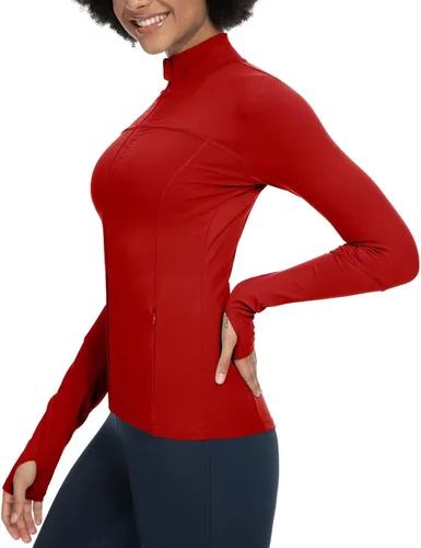 Vista 2 de QUEENIEKE Chaquetas de correr para mujer con cremallera, chaquetas atléticas ajustadas para entrenamiento, gimnasio, yoga, pista, con bolsillos