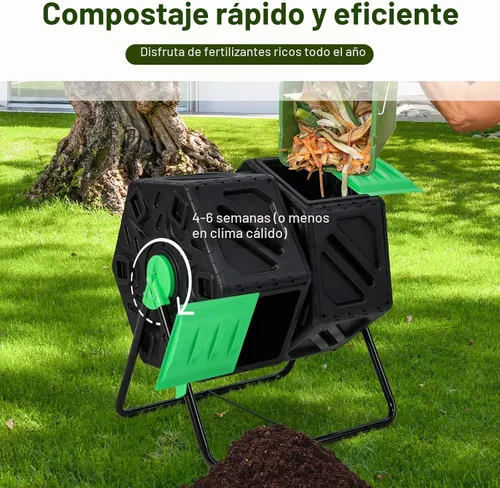 Vista 2 de Goplus Contenedor de compostaje, vaso de compostaje de doble cámara de 34.5 galones con 2 cámaras giratorias, puertas corredizas, compostador