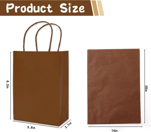 Vista 2 de Whaline 24 bolsas de regalo de papel marrón con asas, bolsas de compras de comestibles con 30 hojas de papel de seda de envoltura para vacaciones