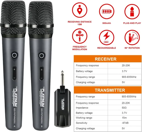 Vista 3 de El micrófono inalámbrico platino para entrada de micrófono UHF Metal Dynamic Handheld Micrófono multiusos con receptor recargable Rango de 160 pies