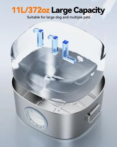 Vista 2 de Fuente de agua para perros de acero inoxidable, fuente de agua grande de 11 l/2.8 galones para perros grandes en el interior, fuente de agua
