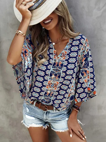Vista 5 de SOLY HUX Women's Boho Print V Neck 34 Bell Sleeve Button Front Summer Blouse Top