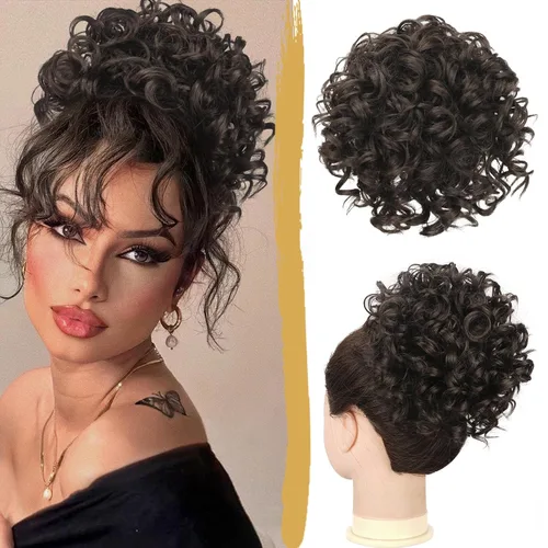Vista 13 de PEACOCO - Piezas de pelo para moño desordenado para mujer, gran moño afro rizado elástico con cordón, moño de onda suelta sintético, extensión