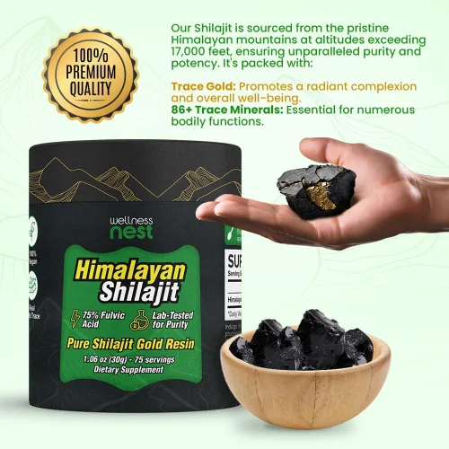 Vista 4 de Wellness Nest Resina de Shilajit Puro del Himalaya de Grado Oro: Potencia Máxima para Hombres y Mujeres - Oro 24k, Ácido Fúlvico +75%, Informe