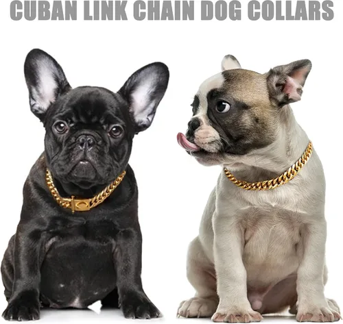 Vista 2 de Collar de perro con cadena de oro de 0.630 in, collar de perro de eslabones cubanos de oro de 18 quilates con hebilla de cierre seguro, cadena
