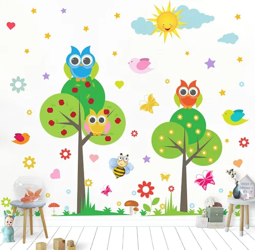 Vista 5 de Calcomanía de pared de animales para niños, diseño de flores, pájaros, mariposas, bricolaje, extraíble, despegar y pegar, decoración de árbol verde