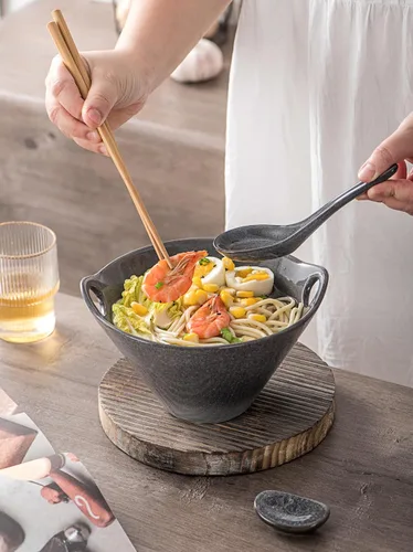 Vista 5 de UNICASA Juego de 2 cuencos japoneses para ramen con palillos, cucharas y reposos, 26 onzas, para fideos de porcelana profunda, Udon, Pho, ensalada
