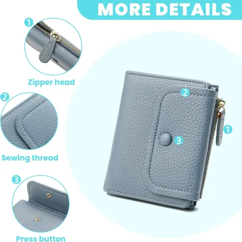 Vista 5 de Pequeña cartera linda para mujeres adolescentes y niñas con protección RFID, Azul, Minimalista