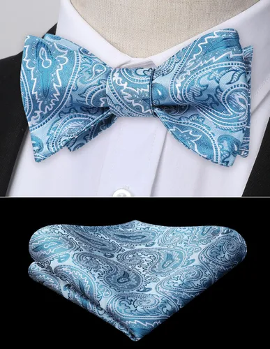 Vista 144 de HISDERN Pajaritas para hombre, corbatín de cachemira para hombre, corbata de lazo y bolsillo cuadrado, juego formal de esmoquin para boda