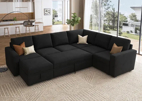 Vista 16 de HONBAY Sofá Seccional Cama con Cama Extraíble, Sofá en Forma de U con Almacenamiento, Sofás Seccionales Modulares para Sala de Estar, Gris Oscuro
