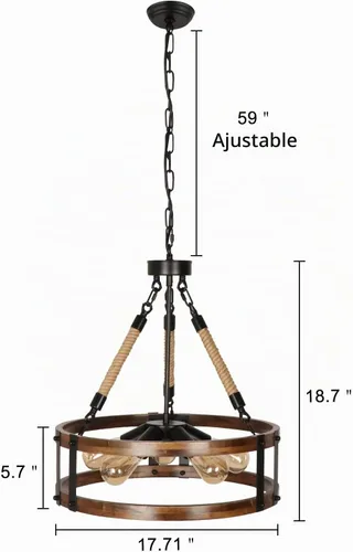 Vista 6 de Lámpara de araña rústica de granja, lámpara redonda de madera de 5 luces, accesorio de iluminación decorativo para comedor, cocina, isla y zona