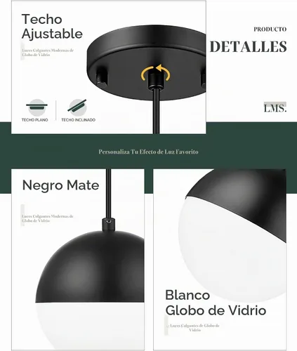 Vista 2 de LMS Lámpara Colgante de Mediados de Siglo de 6 Pulgadas, Lámparas Colgantes de Color Negro Mate con Cristal de Globo Blanco, Lámparas de Techo