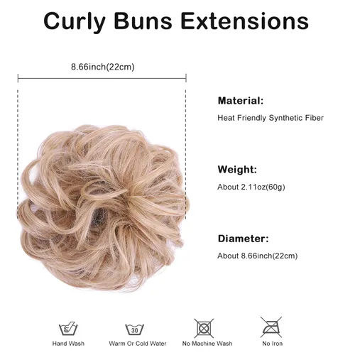 Vista 3 de Moño desordenado, moño sintético ondulado para coleta, extensiones de cabello rizado (rubio claro)