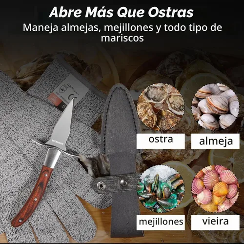 Vista 4 de Cuchillo para cortar ostras, juego de kit de shucking de ostras resistente y afilado con mango de madera cómodo, juego de cuchillo y guante de ostra