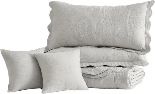 Vista 9 de Colcha Queen de Algodón de Tamaño Grande, Diseño de Patrón Paisley Reversible, Cobertor de Cama Ligero, Juego de 5 Piezas - Queen, Gris Generous
