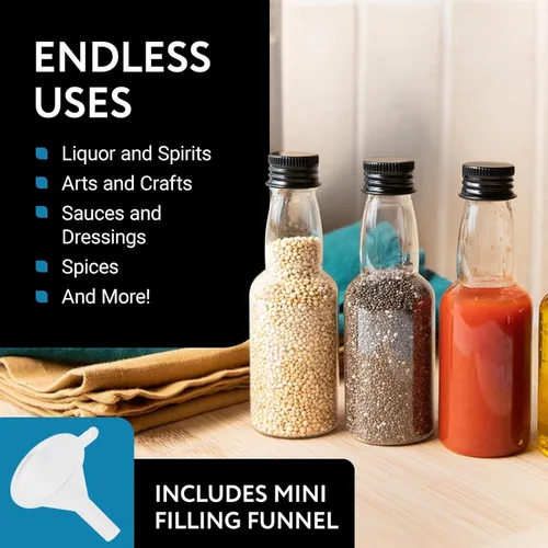 Vista 3 de IMPRESA Mini botellas de plástico de 2.5 onzas líquidas, transparentes, paquete de 50 recipientes de licor con tapas herméticas, reutilizables