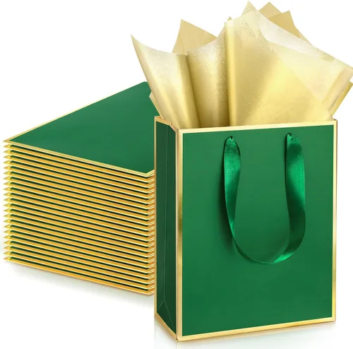 Vista 24 de Yeaqee Paquete de 24 bolsas de regalo de papel metálico con asa y tejido de 9 x 7 x 3.1 pulgadas, papel de aluminio dorado, bolsas de agradecimiento
