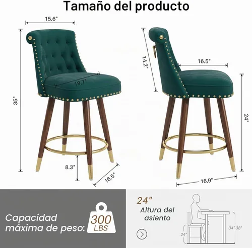 Vista 2 de SeekFancy Juego de 4 taburetes de bar de altura de mostrador, taburetes de bar giratorios de 360°, taburetes de bar tapizados de terciopelo