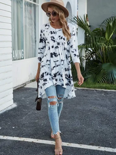 Vista 5 de Naggoo - Camiseta de manga 34 para mujer, diseño holgado y largo tipo túnica con cuello en V, botones, dobladillo asimétrico, casual, tallas S a 3XL