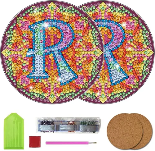 Vista 20 de Bysincy Juego de 2 posavasos de pintura de diamantes de 26 letras A-Z, 5D, arte de diamante, mosaico, alfabeto, kit por número para adultos y niños