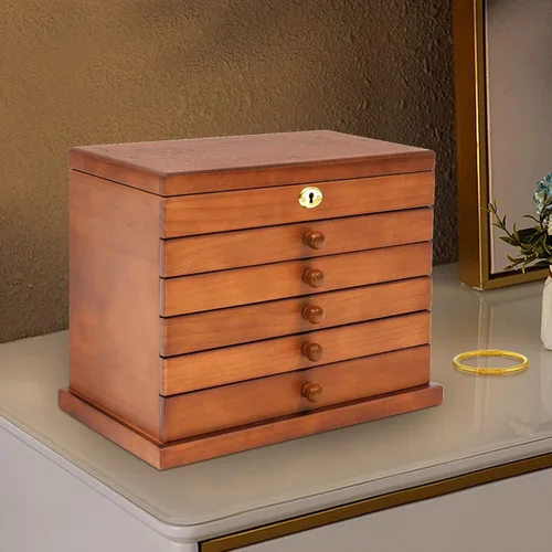 Vista 8 de Joyero organizador de 6 capas con cerradura y espejo, cajas de joyería de madera de trébol de cuatro hojas de la suerte y organizadores