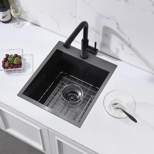 Vista 6 de Fregadero de barra negra de 15 pulgadas, 15 x 18 x 10 pulgadas, calibre 16, T304, de acero inoxidable negro, pequeño, fregadero de cocina, montaje