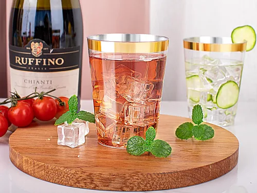 Vista 9 de Ciaell 120 vasos de plástico dorados, vasos de plástico transparente resistentes de 10 onzas con borde dorado, vasos desechables con borde dorado