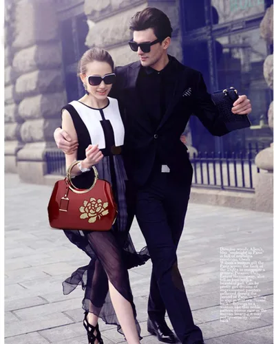Vista 7 de Bolso para mujer, bolso de cuero de patente, bolso elegante de la manija superior del bolso del bordado de la flor