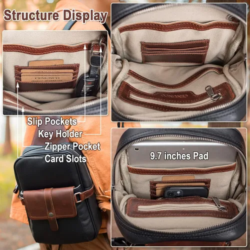 Vista 5 de CENUNCO Bolso bandolera de cuero auténtico, mochila cruzada de cuero oculto, bolsa de transporte negra, casual, senderismo, motocicleta, bolsa
