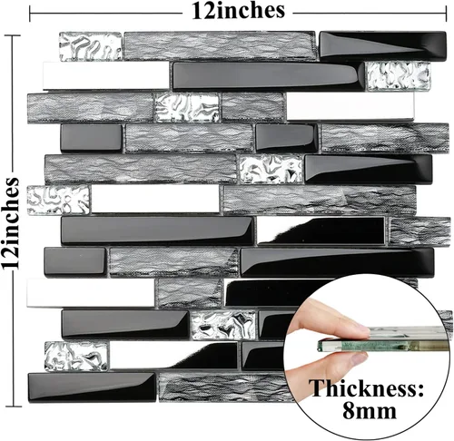 Vista 3 de Blujellyfish Azulejos de Vidrio y Metal Arte Mosaico Seda Negro Cristal Vidrio Cromo Plata Acero Pared de Acento Borde Cocina Baño Backsplash