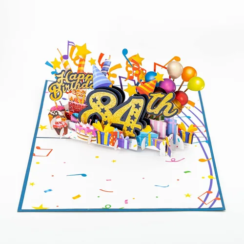 Vista 9 de iGifts And Cards Tarjeta desplegable 3D de feliz cumpleaños 84 – Diseño azul con números de purpurina, globos, pasteles y regalos – Tarjeta