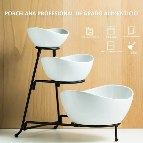 Vista 3 de YHOSSEUN Soporte de 3 niveles para servir con juego de 3 tazones ovalados de porcelana para servir con soporte de metal plegable más grueso