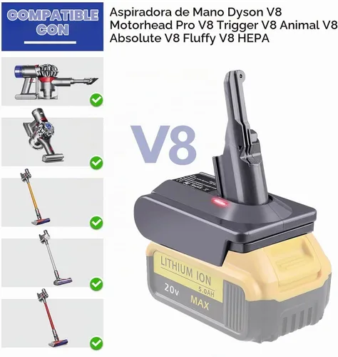 Vista 5 de Adaptador EID V8 para aspiradora Dyson V8, convertidor para batería DeWalt de 20 V a alimentación para Dyson V8 Animal Absolute Motorhead Fluffy