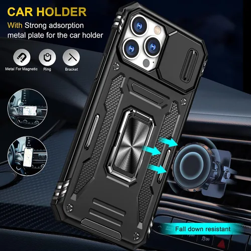 Vista 6 de Funda para iPhone 13 Pro con función atril con cubierta para cámara, protección de grado militar, soporte de anillo de metal, funda parachoques