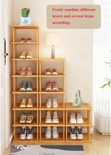 Vista 5 de Zapatero vertical de bambú para entrada, zapatero estrecho apilable, almacenamiento minimalista de zapatos, organizador de zapatos de 5 niveles