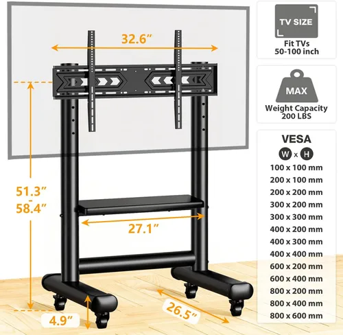 Vista 6 de TVON Soporte de TV móvil para TV LED LCD OLED 4K de 50 a 98 pulgadas, pantalla plana/curva, Max VESA 31.496x23.622 in, soporte de TV para exteriores