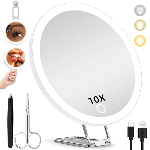Vista 8 de Espejo de aumento de maquillaje 10X con luces, espejo aumentado de mano de Negro-10x