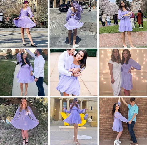 Vista 8 de Exlura - Vestido de manga larga para mujer con cuello cuadrado, holanes, cintura elástica, acampanado, amarre posterior, estilo casual y corto