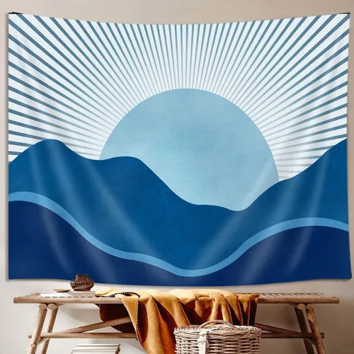 Vista 4 de JAWO Tapiz Bohemio Azul, Tapiz de Naturaleza con Montaña Abstracta y Sol Dorado para Colgar en la Pared para Dormitorio, Tapices de Paisaje