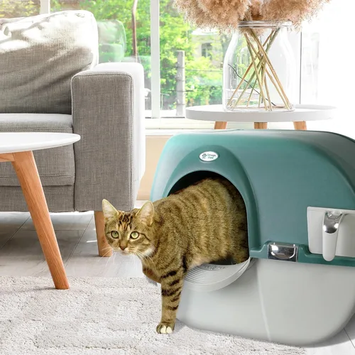 Vista 5 de Omega Paw VMRA20-1-PR Premium Roll 'N Clean - Caja de arena grande autolimpiante con escalón de arena integrado y parrilla de tamizado única, verde