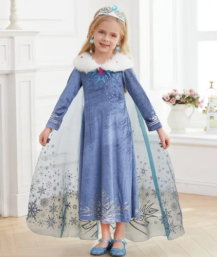 Vista 2 de Luzlen Winter Snow Princess Costume for Girls Halloween Birthday Cosplay Dress with Cape Accessories Blue
