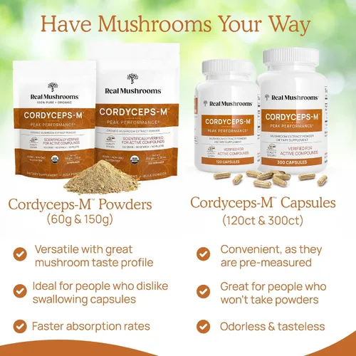 Vista 9 de Real Mushrooms RealClarity (60 unidades) y melena de león (120 unidades) cápsulas con Cordyceps en polvo, suplemento de hongos para claridad mental