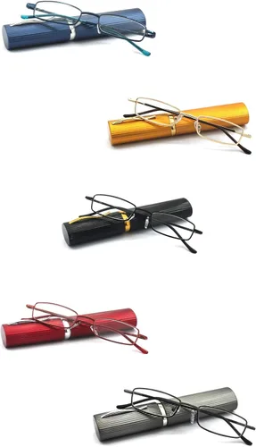 Vista 10 de Paquete de 5 lentes de lectura delgados de metal con estuche de tubo para hombres y mujeres, multicolor