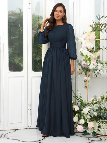 Vista 3 de BMFFDO Vestidos de dama de honor de gasa de manga larga para mujer con mangas, vestidos formales de noche
