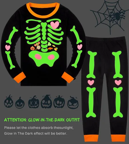 Vista 44 de HONGTEYA Ropa de Halloween para niños y niñas, ropa de esqueleto de algodón para niños pequeños, talla 3-7T